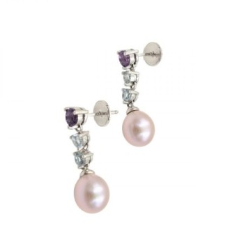 B.O. OR BLANC 18K 4.1GR PERLE/TOPAZE/AMETHYSTE 2,5 CM DE LONGUEUR