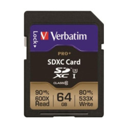 VERBATIM PRO+ 64GB SECURE DIGITAL EXTENDED CAPACITY SDXC FLASH CARD MODEL 49197