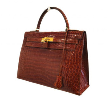 SAC A MAIN HERMES KELLY 32 CROCODILE COGNAC