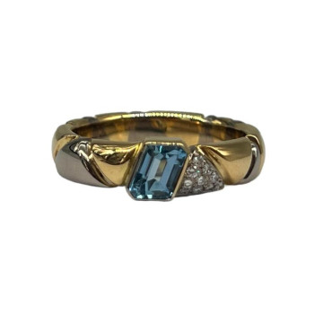 BAGUE OR JAUNE ET BLANC 18CT 8.70GRS AVEC AIGUE MARINE 0.56CT ET DMTS 0.063CTS T.56